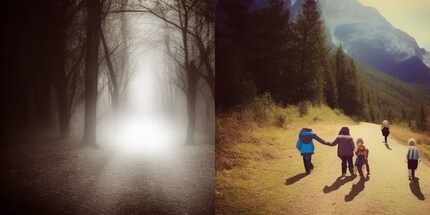 Image-generated fantasies | The two images represent AI-generated visualisations of a participant's inner images based on his descriptions. On the left, he had imagined a mountain hike without music, while on the right he was listening to «Addio mia bella, addio!» by Carlo Alberto Bosi.