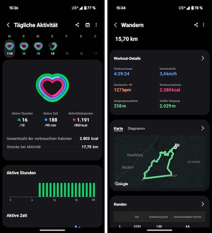 Samsung Health affiche mes activités.
