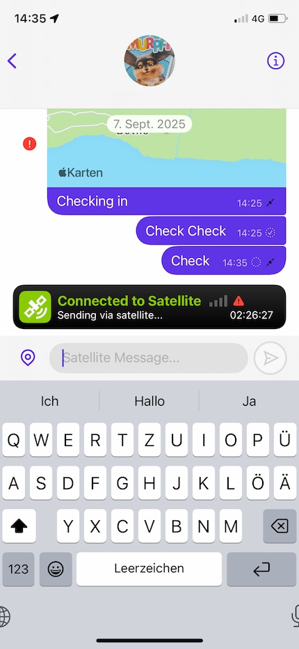 Den Satelliten-Status habe ich auf allen Seiten im Blick. Hier ist das Signal noch nicht stark genug, um die aktuelle Nachricht zu übertragen.