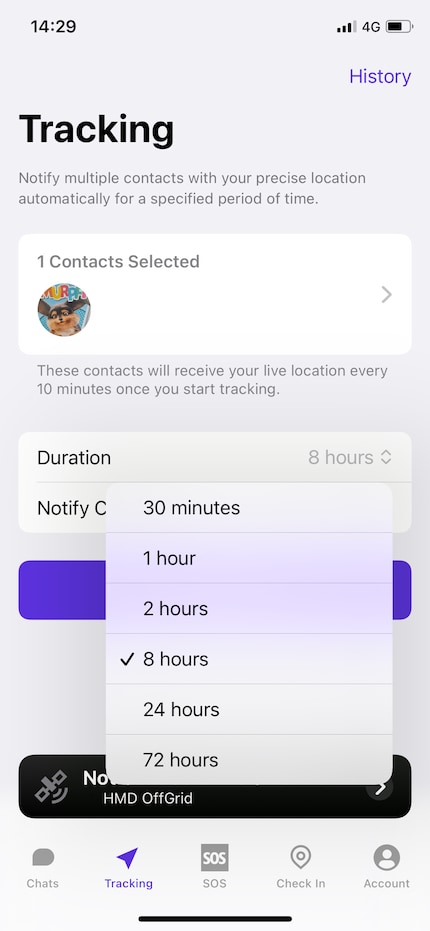 Beim Live-Tracking kann ich Kontakte einladen, das Update-Intervall und die Gesamtdauer wählen.