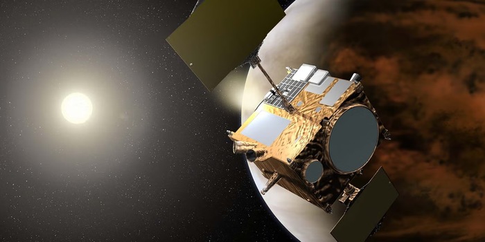 © Akihiro Ikeshita / Jaxa / Immagine concettuale di Akatsuki che ha raggiunto Venere e utilizza la spinta inversa per entrare in orbita intorno a Venere (dettaglio)