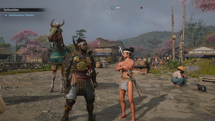 Yasuke posa in armatura accanto a un PNG seminudo.