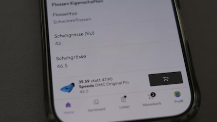 Hier irrt die KI: Schwimmflossen sollten nur für eine Schuhgrösse passen.