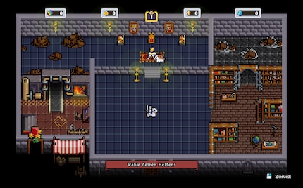 Im Thronsaal wähle ich meinen Helden – der Startpunkt jedes neuen Laufs in Super Fantasy Kingdom.