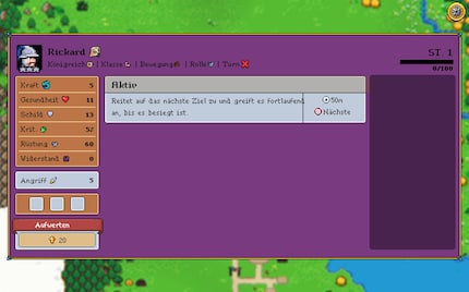 Rickard, mein Startheld: Stärke, Schild und Initiative bestimmen, wie effektiv er Monster abwehrt.