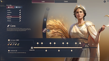 Ceres gehört zu drei von Anfang an verfügbaren Gottheiten. Andere wie Minerva oder Apollo muss ich erst im Technologiebaum erforschen.