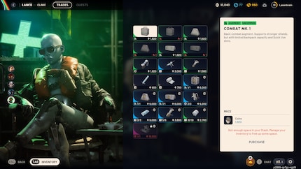 Bei Händlern in der Basis nehme ich Quests an oder kaufe Gegenstände.