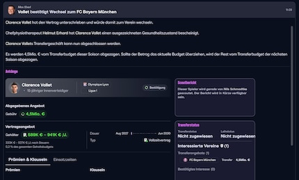 Kaum etwas motiviert so sehr wie ein frisch generiertes Talent: Eine neue Geschichte beginnt. Hier verpflichte ich den 15-jährigen Franzosen Clarence Vallet.