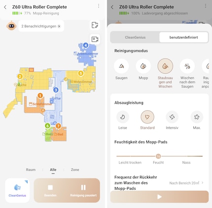 In der App lässt sich im Detail einstellen, wie und wo der Mova reinigen soll.