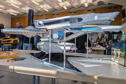 The massive Lego Enterprise stands on a pedestal and illustrates how detailed the fan model has been realised.