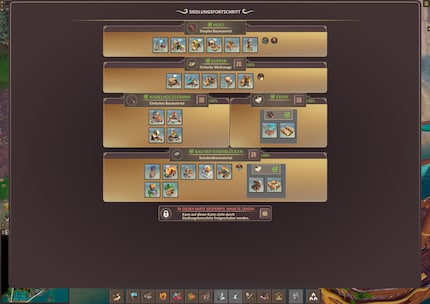 Der Technologiebaum dient als Überblick über die gesamte Produktionshierarchie: Jede Stufe schaltet neue Berufe und Werkstoffe frei.