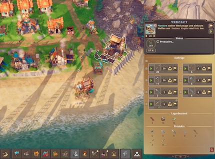 In der Werkstatt entstehen Werkzeuge und einfache Waffen: das Fundament für Berufe, Ausbau und militärische Einheiten.