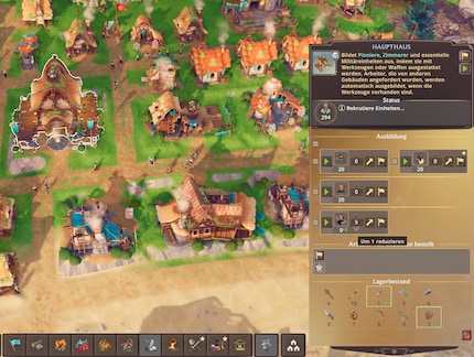Das Haupthaus steuert die Rekrutierung: Hier entstehen Pioniere, Handwerker und militärische Einheiten für die wachsende Siedlung.