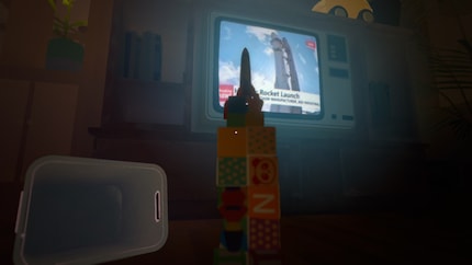 Dank meiner Fähigkeiten baue ich mit Spielklötzen nach, was ich im TV sehe .