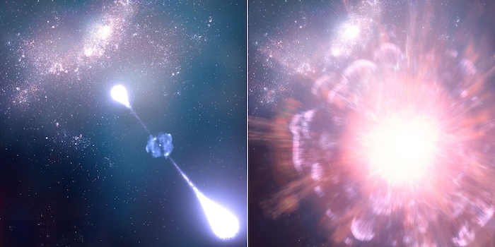 NASA, ESA, CSA, STScI, Leah Hustak (STScI) / Immagine B: Supernova GRB 250314A (Concetto dell'artista) (dettaglio)
Esplosione di una stella massiccia | L'illustrazione mostra il gamma-ray burst GRB 250314A in espansione dopo l'esplosione (a sinistra) e la supernova stessa (a destra). Si è verificato meno di un miliardo di anni dopo il Big Bang, quando si formarono le prime stelle e galassie.