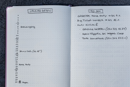 Links die Monatsübersicht, rechts die aktuelle To-Do-Liste.