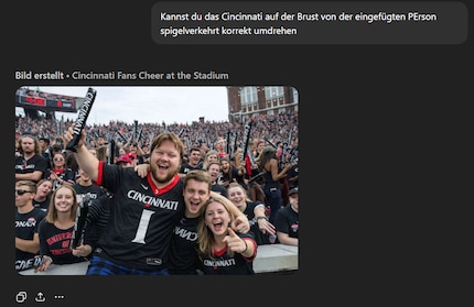 Die gezielte Korrektur spiegelverkehrten Texts funktioniert, bleibt im Detail durch meinen vereinfachten Prompt aber nicht immer fehlerfrei.