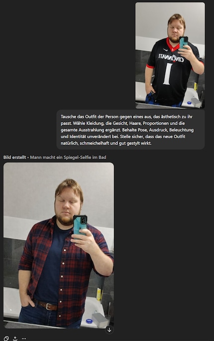 GPT-Image 1.5 verändert Kleidung und Stil gezielt, während Pose, Gesichtsausdruck und Lichtstimmung erhalten bleiben.