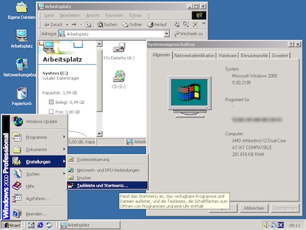 Der Desktop von Windows 2000 löst nostalgische Gefühle aus.