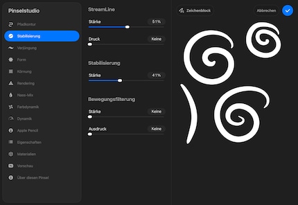 Deine Pinsel kannst du so anpassen, dass sie möglichst ruckelfreie Linien zeichnen.