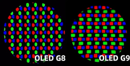 QD-OLED-Subpixel der ersten (links) und der zweiten (rechts) Generation.