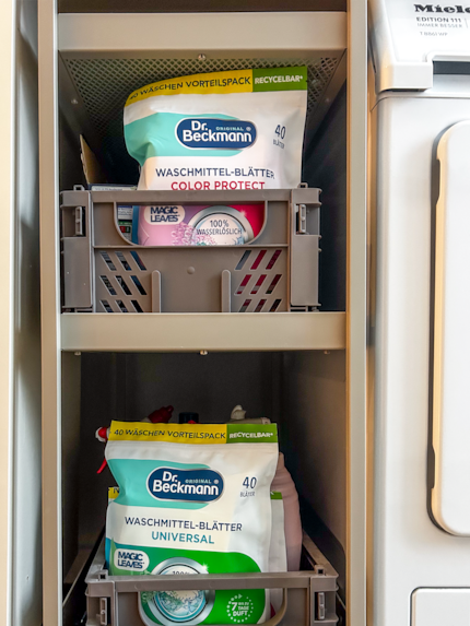 Die Waschmittelblätter finden in der kleinsten Box Platz. Auch der Vorteilspack mit 40 Blättern.