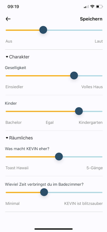Über die Slider kann ich grob angeben, wie mein Alltag aussieht.