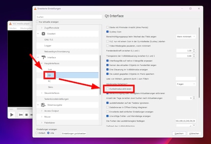 The option for dark mode is hidden in the advanced settings under Interface > Main interfaces > Qt. After activating it, VLC must be restarted.