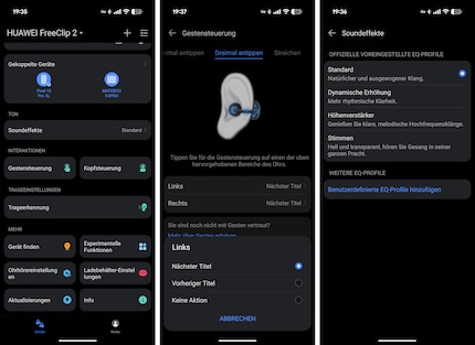 Startseite, Anpassung der Gestensteuerung und die Soundprofile sowie der Equalizer in der App.