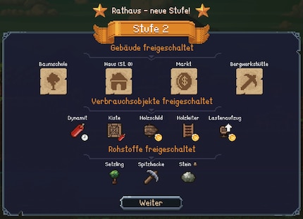 Mit jeder Rathaus-Stufe schaltet «Craftlings» neue Gebäude, Werkzeuge und Rohstoffe frei.