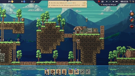 Per Lastenaufzug befördert ein Craftling den Stein nach oben. Dort muss dieser abgeholt und zum entsprechende Gebäude gebracht werden.