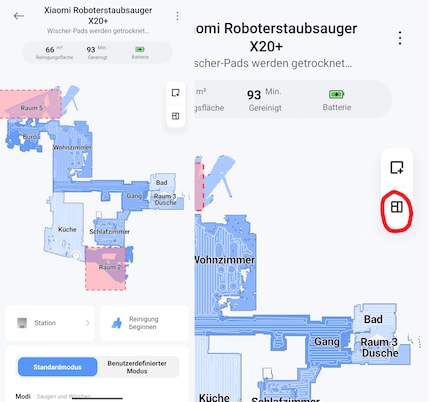 Auf dieses Symbol im roten Kreis muss ich drücken, wenn ich danach einzelne Zimmer für eine Reinigung auswählen will.