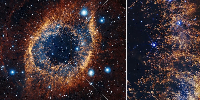 © Image: ESO, VISTA, NASA, ESA, CSA, STScI, J. Emerson (ESO); Acknowledgment: CASU / Helix Nebula Context (VISTA and Webb) (detail) © Image: ESO, VISTA, NASA, ESA, CSA, STScI, J. Emerson (ESO); Acknowledgment: CASU / Helix Nebula Context (VISTA and Webb) (detail)