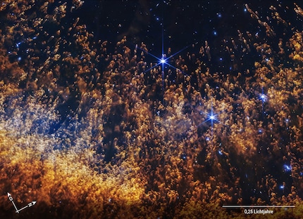 God's iris in detail | The composite image taken with the NIRCam on board the JWST shows the inner structures of the gas and dust envelope in several filters at near-infrared wavelengths between 1.15 and 4.7 micrometres. Hundreds of comet-like pillars, formed by the interaction of hot, fast stellar winds from the central white dwarf with colder, previously ejected gas, protrude from the nebular envelope. Distant galaxies can be recognised in the background between the glowing columns. The section shown corresponds to an extent of around one light year, north is top right, east top left.