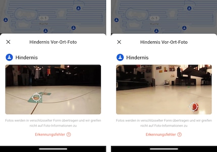 Der Roboter erkennt auch kleinste Hindernisse, wie ich in der App sehen kann.