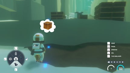 Vor Klippen zeigt mein Spielcharakter per Gedankenblase, dass eine Kiste mir weiterhelfen kann.