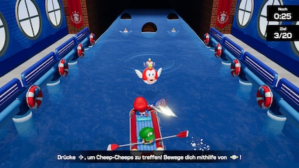 In diesem Minispiel sammle ich Cheep-Cheeps mit einem Bot. Was das mit Tennis zu tun hat? Keine Ahnung.