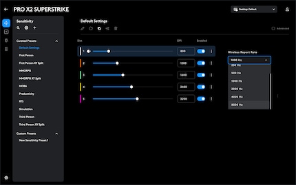 De polling rate kan worden ingesteld in de software.