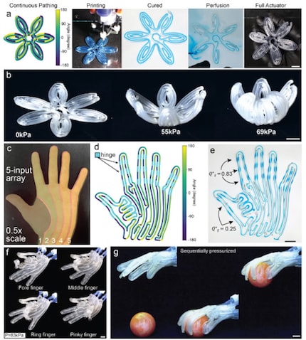 The image series documents the path from computational path planning to printing and controlled pneumatic moulding.