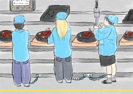 Die Assembly Line aus meiner Erinnerung skizziert. Die Kabel an den Füssen der Leute sind für die Antistatik.