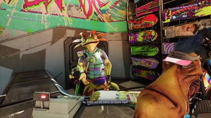 In gnarly Skateshops kaufe ich Items für mein Board. Wow, so viele Anglizismen.