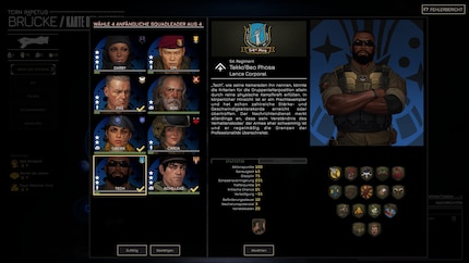 Die Auswahl der Squad Leader bestimmt Spielstil und Progression – jede Figur bringt eigene Werte, Perks und Hintergrundtexte mit.