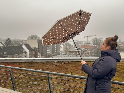 Bei einem leichten Windstoß klappt der Schirm um. Schön für ihn.