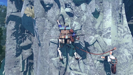 Ein Roboter begleitet mich und sammelt unter anderem Kletterhaken für mich ein.