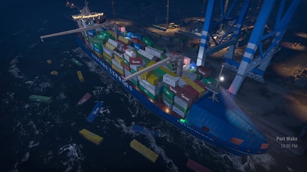 Na de storm drijven er containers in het water terwijl er alweer gewerkt wordt in de haven.