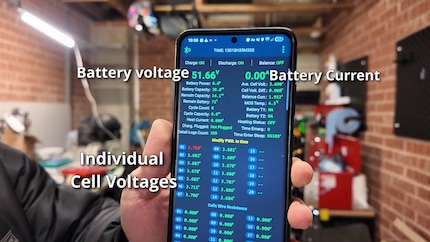Die Überwachungssoftware zeigt eine Gesamtspannung von rund 51 Volt sowie die Spannungswerte jeder einzelnen Zelle.
