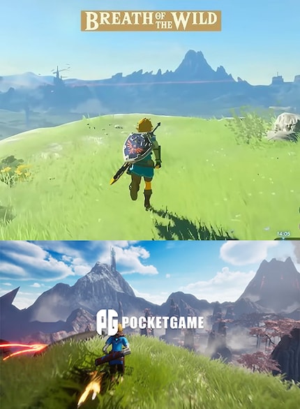 The opening scene in «Breath of the Wild»: Link steps out of his cave onto the plateau for the first time. Below: «Pickmon».