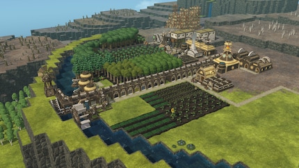 Wind- und Wasserräder sind das Rückgrat meines Energienetzes. Ich übertrage die Kraft per Welle zu den Produktionsgebäuden rechts.