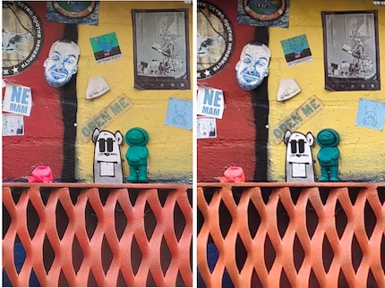 Bei Vergrößerung der Aufnahmen ist vor allem an der Schrift zu erkennen, dass das Phone (4a) Pro – links – schärfer ist.