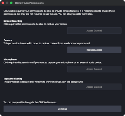 OBS bietet dir eine Übersicht über alle unter Umständen erforderlichen Systemberechtigungen.